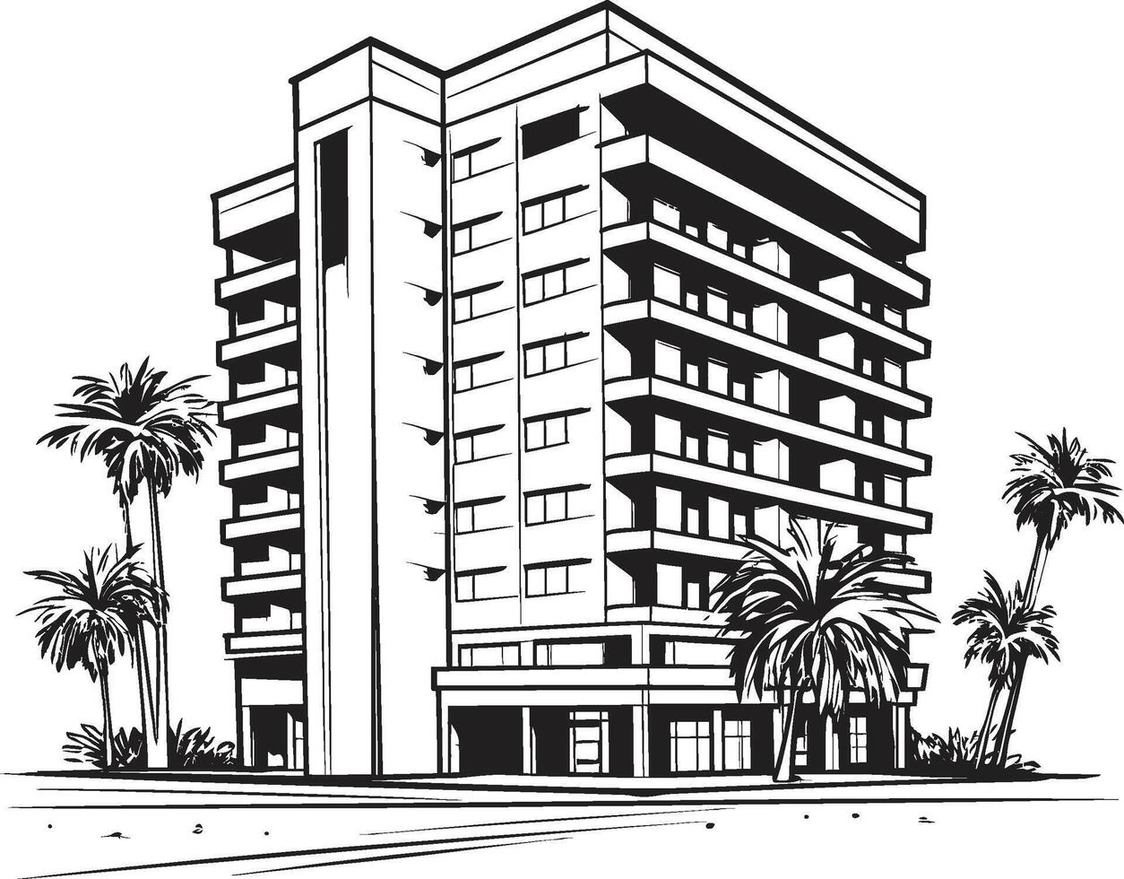 Monochrome Corporate Tower Silhouette Black Multifloor Building Sketch Charcoal Apartment Complex Design Building Design in Noir vector