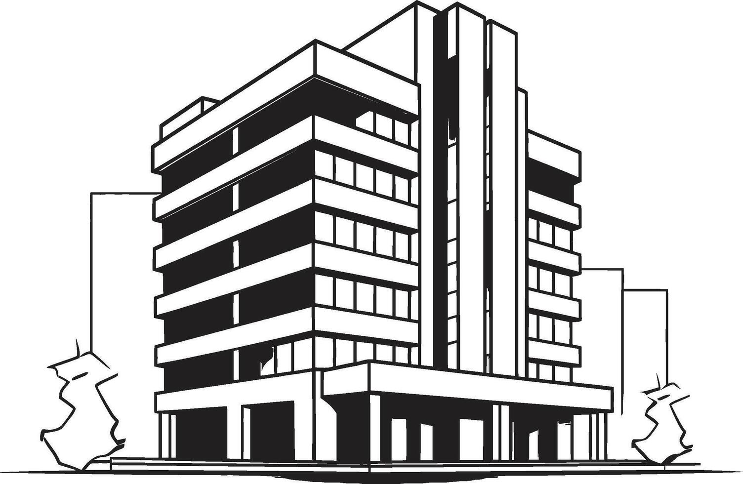 Ebony Commercial Tower Outline Building Sketch in Noir Monochrome Office Block Silhouette Black Multifloor Building Design vector