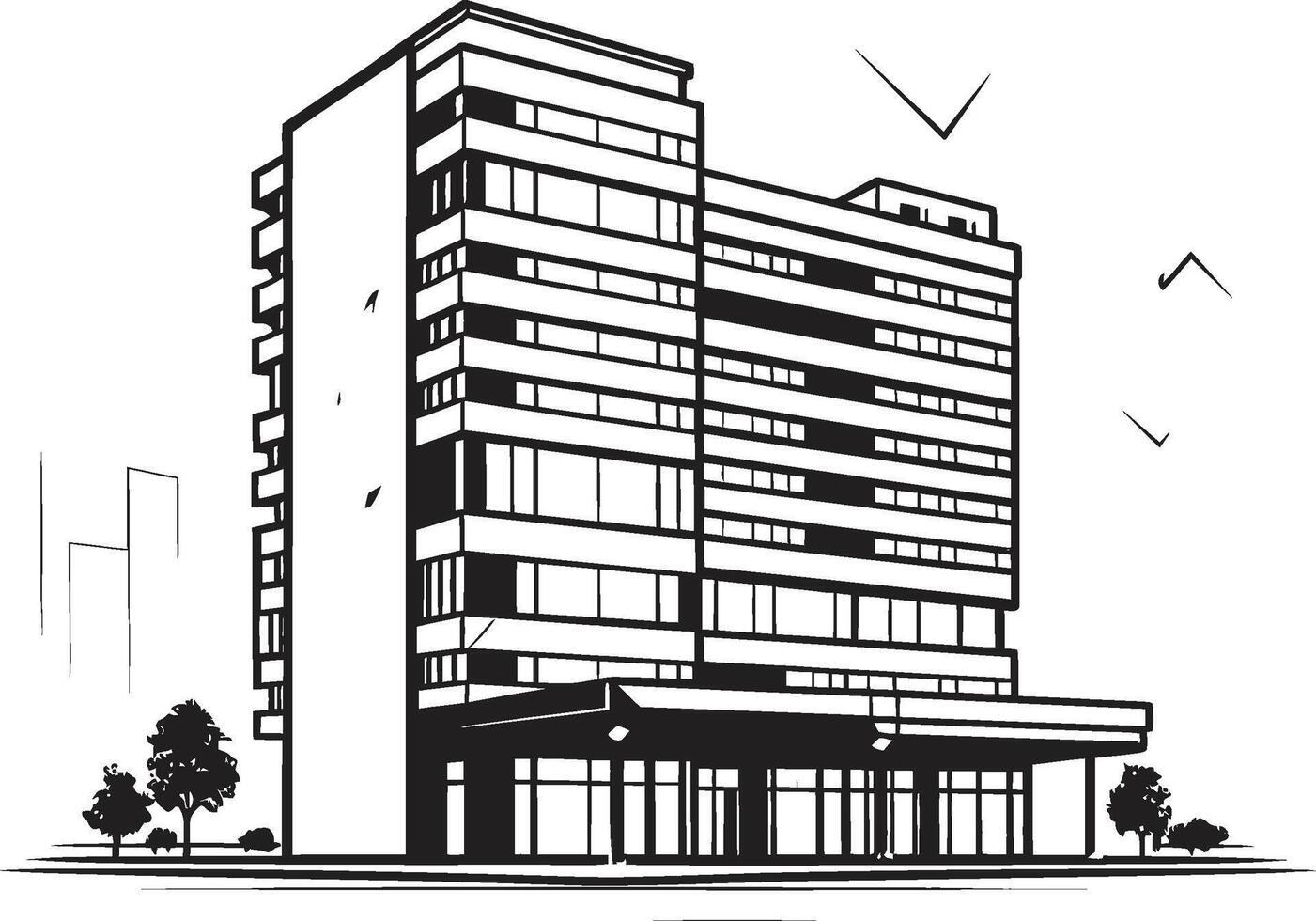 Ebony Mixed Use Concept Building Sketch in Black Monochrome Corporate Complex Black Multifloor Building Design vector
