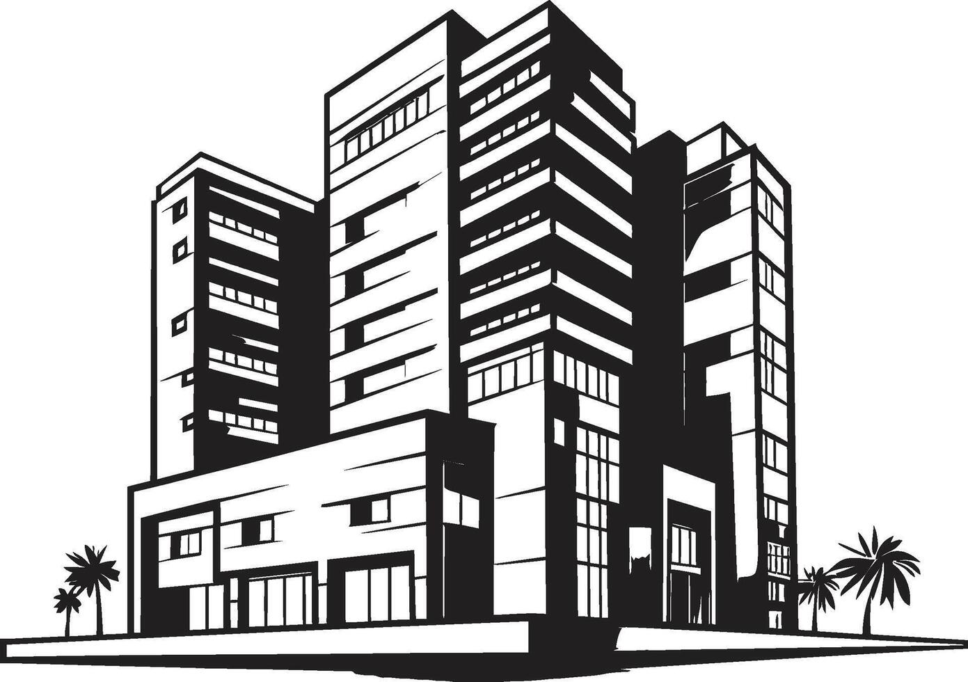 Ebony Commercial Tower Outline Black Multifloor Building Icon Monochrome Office Block Silhouette Building Sketch in Black vector