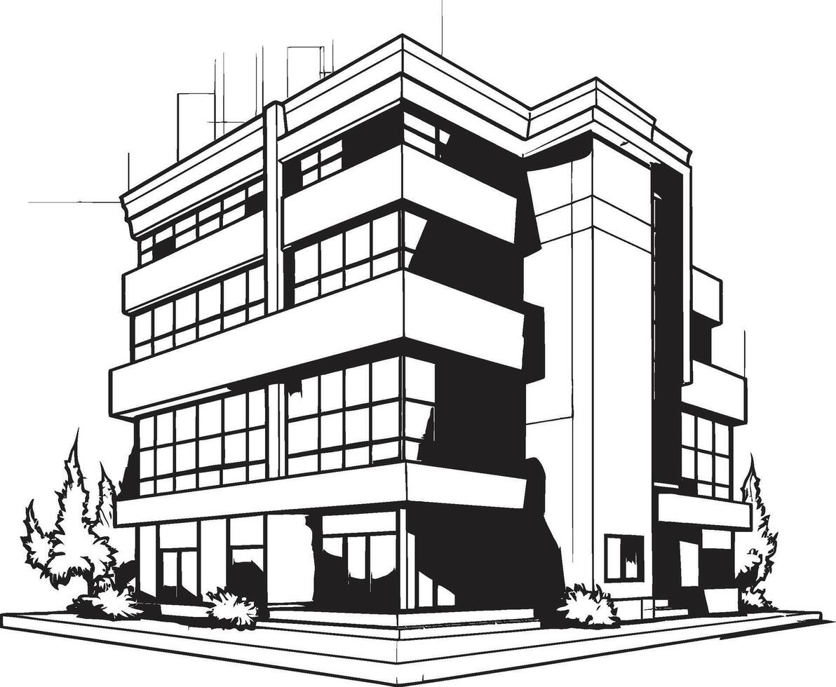 Noir Urban Development Design Sketch in Black Midnight Corporate Tower Black Multifloor Building Icon vector