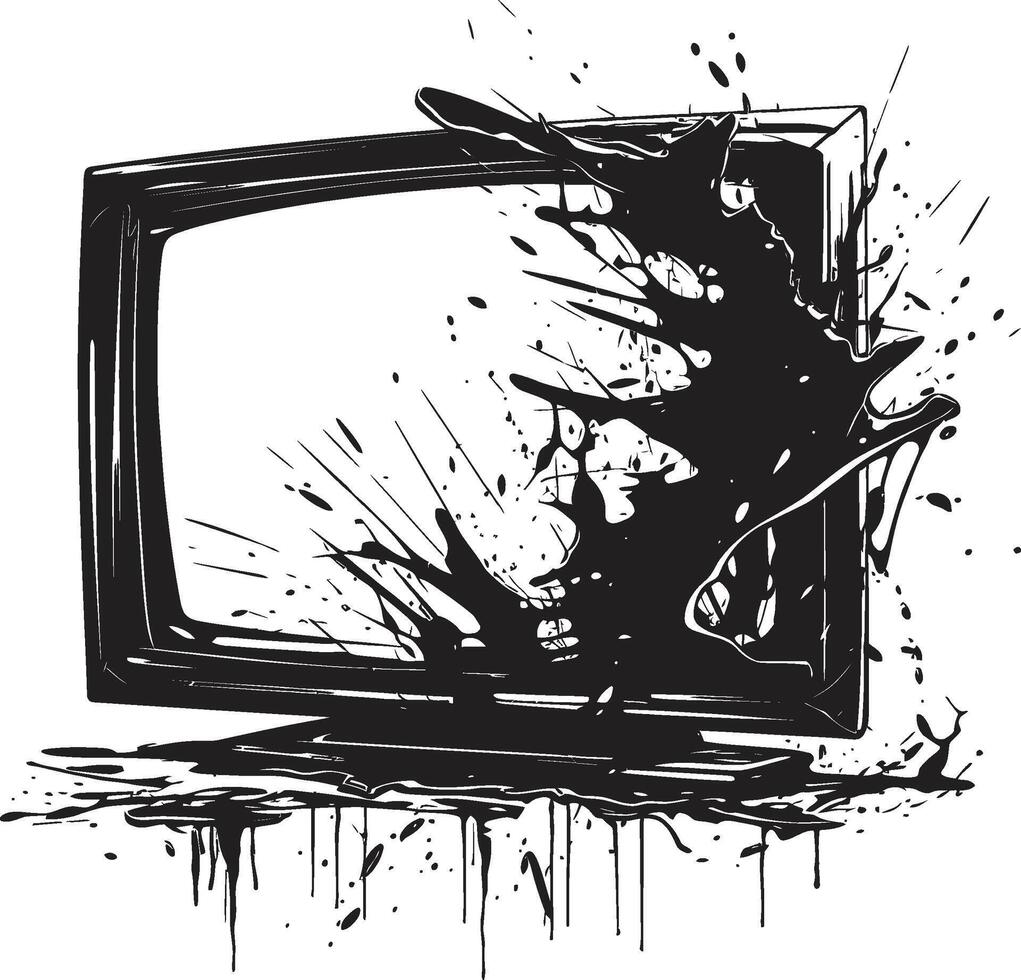 Cracked Console Black of Broken Television Demolished Display Graphic of Shattered TV Set vector