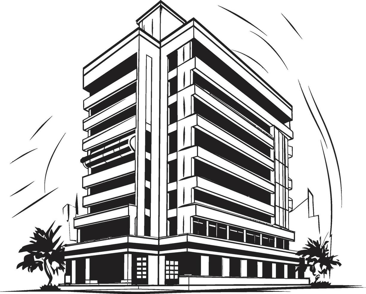 Midnight Urban Development Sketch Black Multifloor Sketch Shadowy Apartment Complex Building in Black vector
