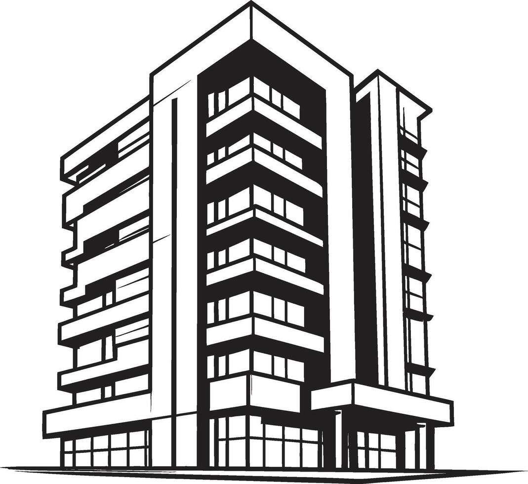 Midnight Mixed Use Sketch Black Multifloor Sketch Shadowy Commercial Tower Building in Black vector