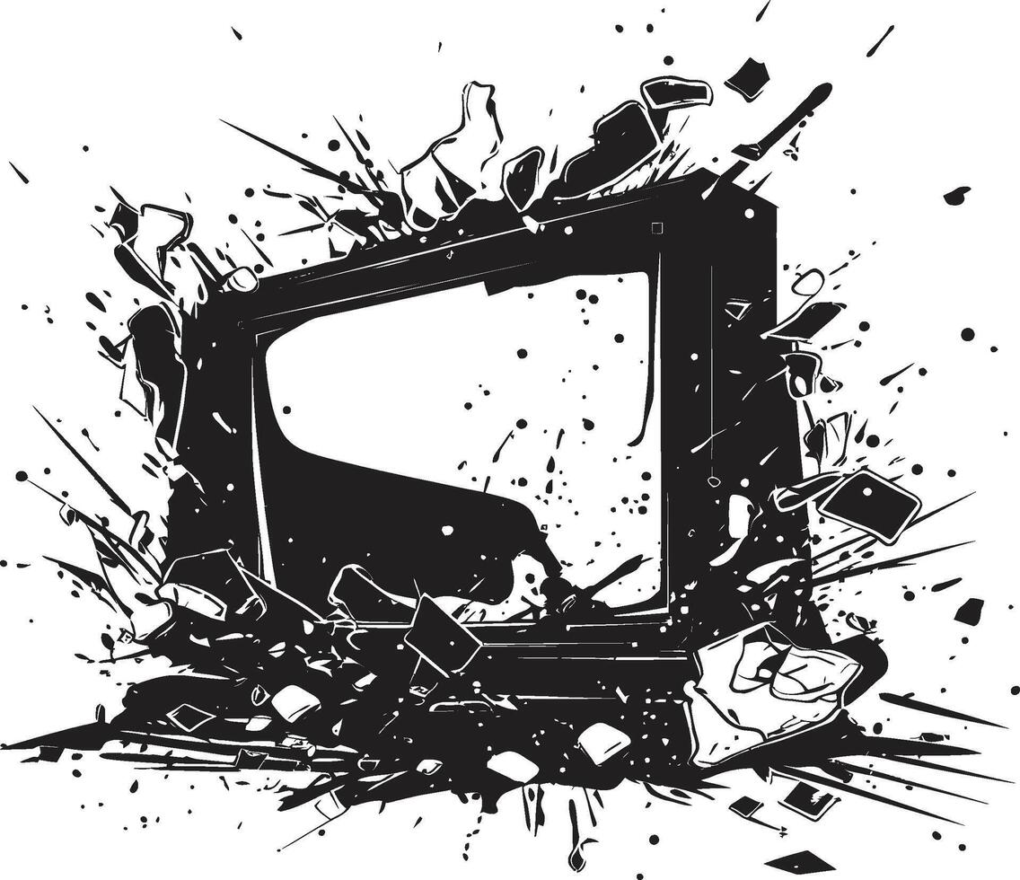 Ruined Reception Icon of Shattered Television Wrecked Watchbox Black Graphic of Broken TV Screen vector