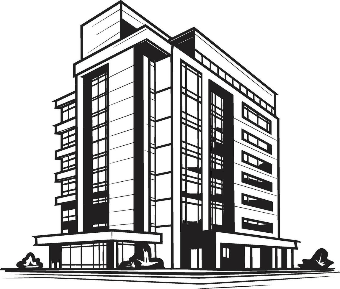 Midnight Corporate Tower Outline Black Multifloor Sketch Shadowy Skyscraper Silhouette Building in Black vector