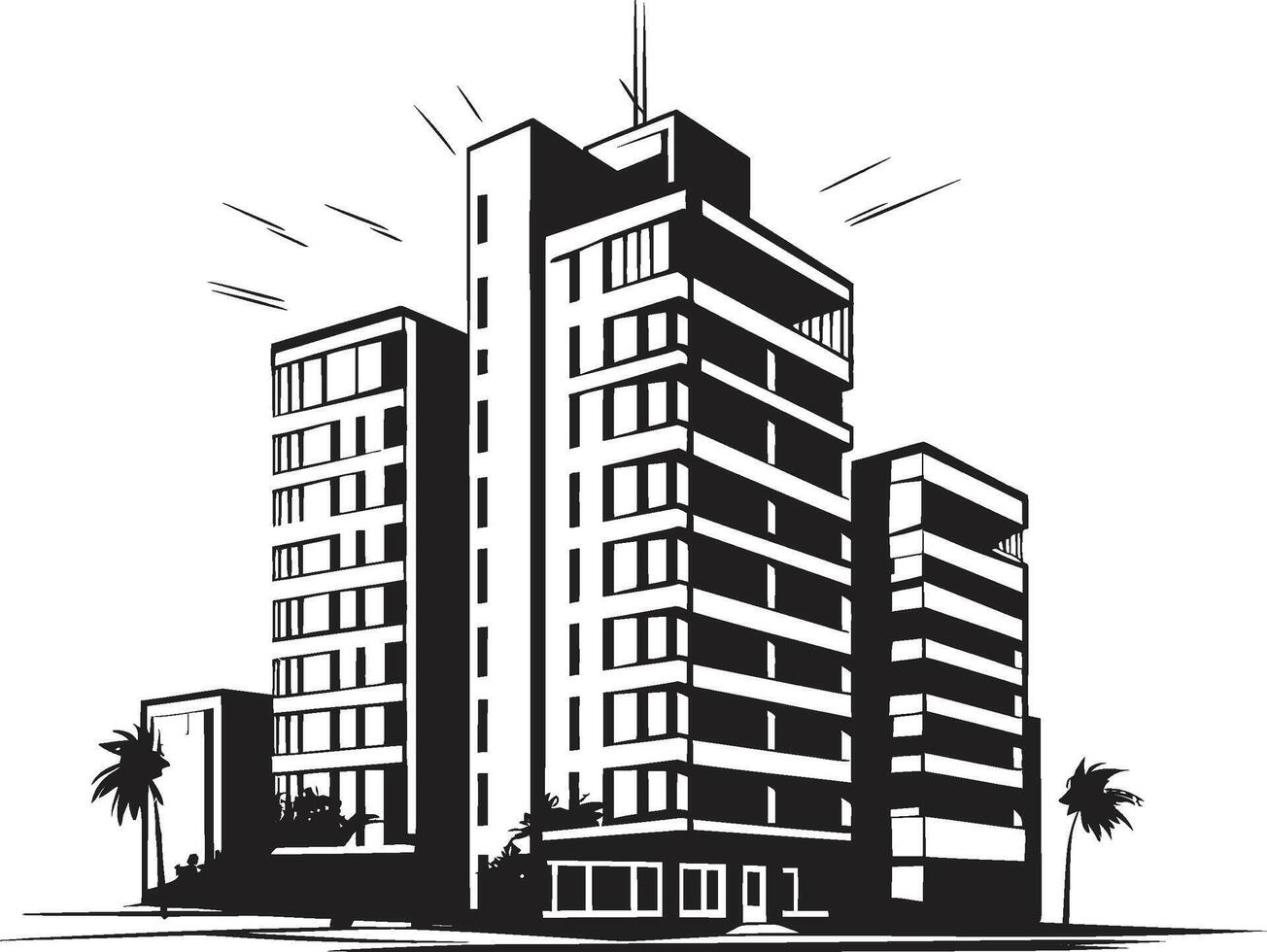 Noir High Rise Design Building in Black Midnight Urban Development Sketch Black Multifloor Sketch vector