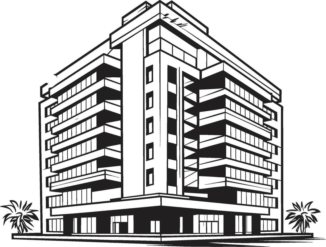 Noir Skyscraper Design Building in Black Midnight Urban Development Outline Black Multifloor Sketch vector