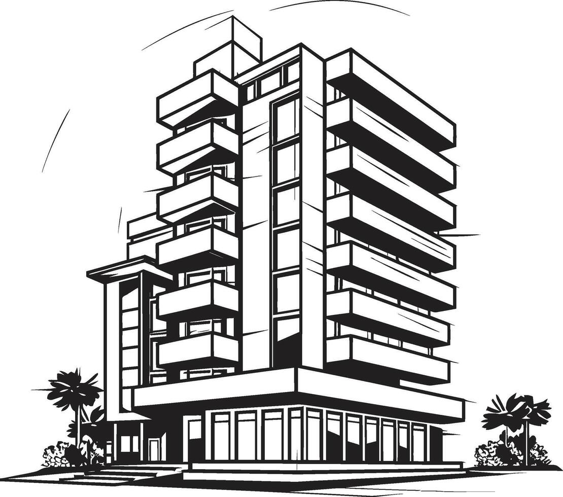 Ebony Urban Complex Building in Black Charcoal Apartment Concept Black Multifloor Sketch vector