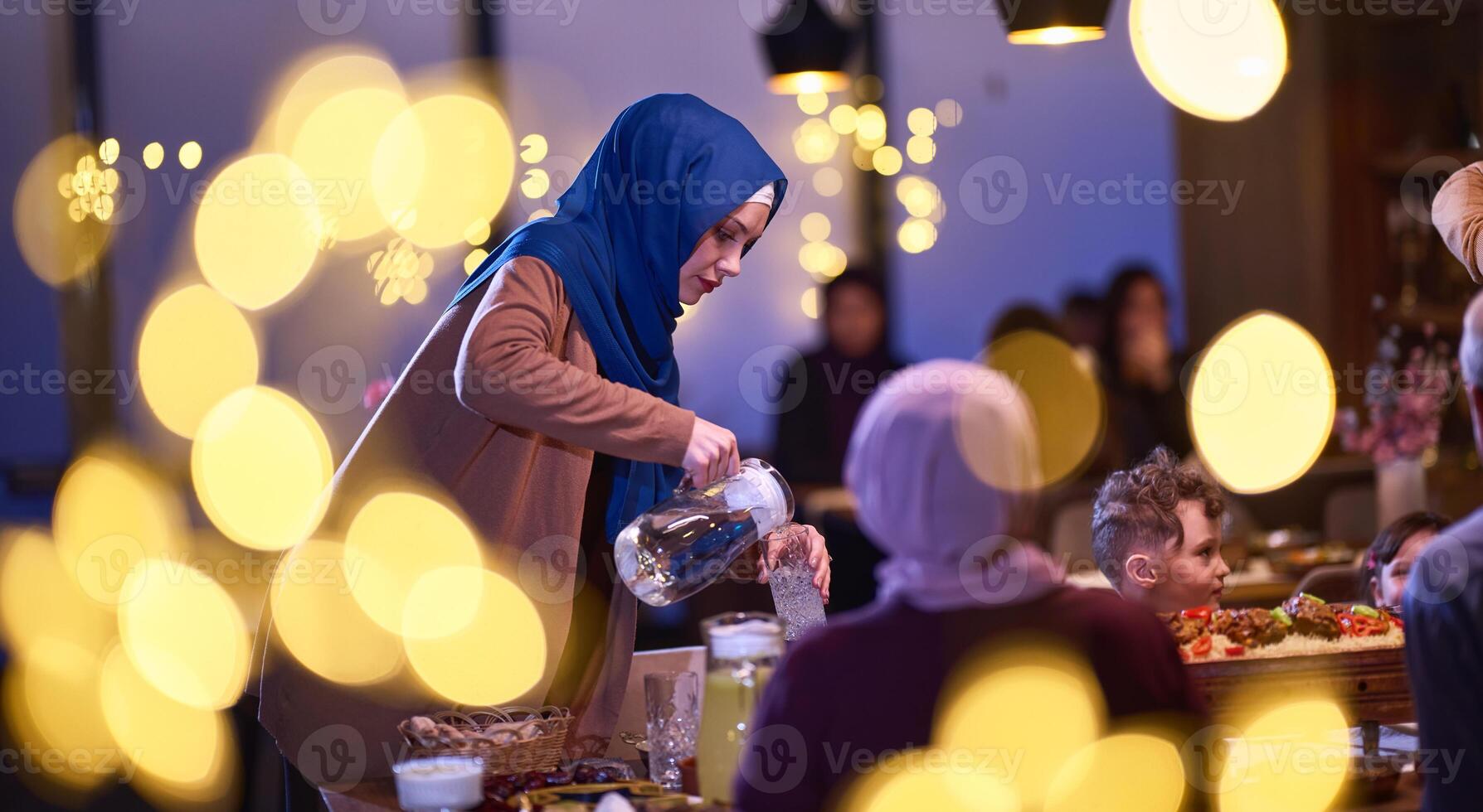 A modern and traditional European Islamic family comes together for iftar in a contemporary restaurant during the Ramadan fasting period, embodying cultural harmony and familial unity amidst a photo