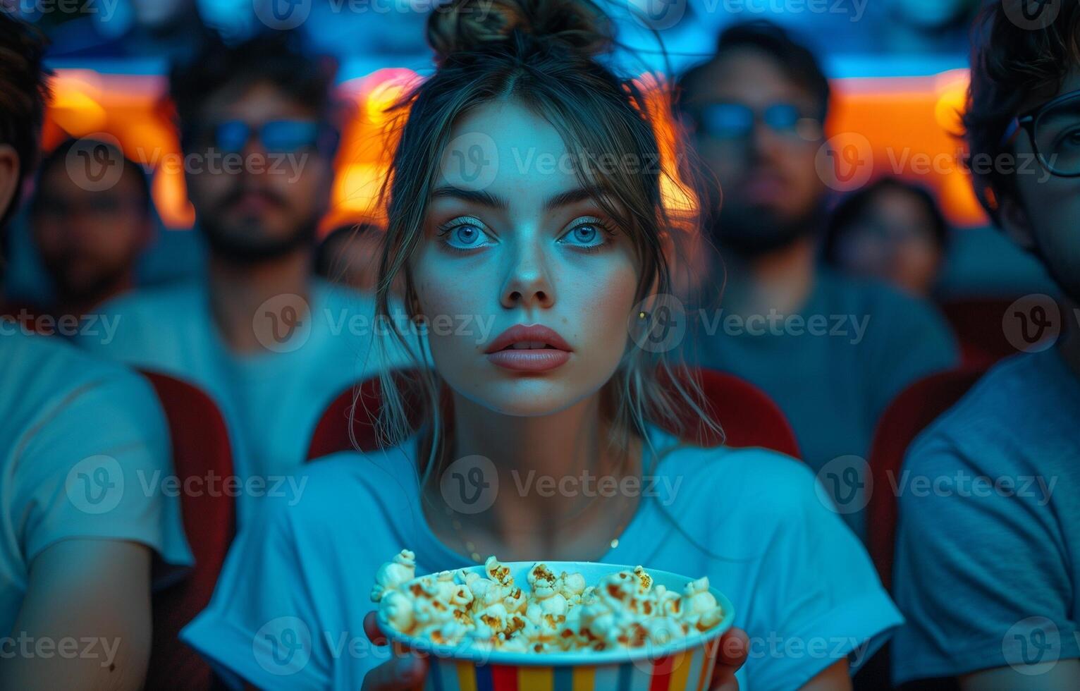 People enjoying a movie in a theater, sitting in comfortable seats with popcorn, focused on the screen photo