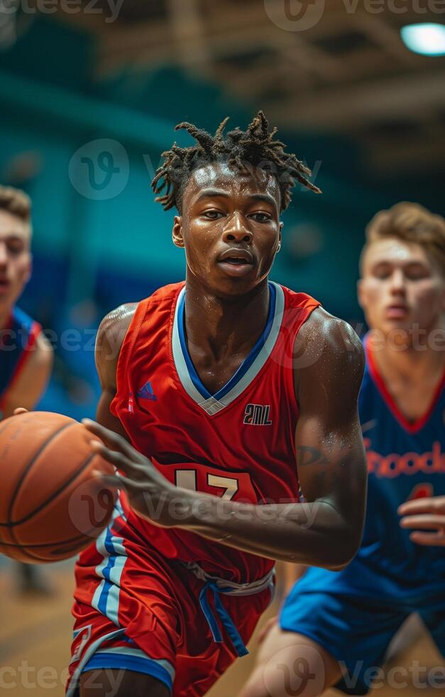 Three young men play basketball in a gym. One dribbles past three defenders, all in red and blue uniforms photo