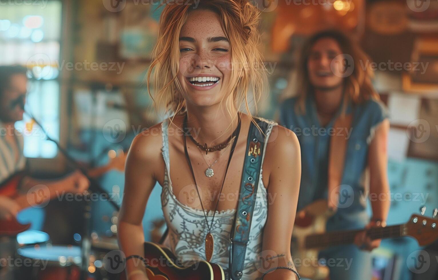 Female rock band performing and singing in a home studio, laughing and enjoying their music together photo