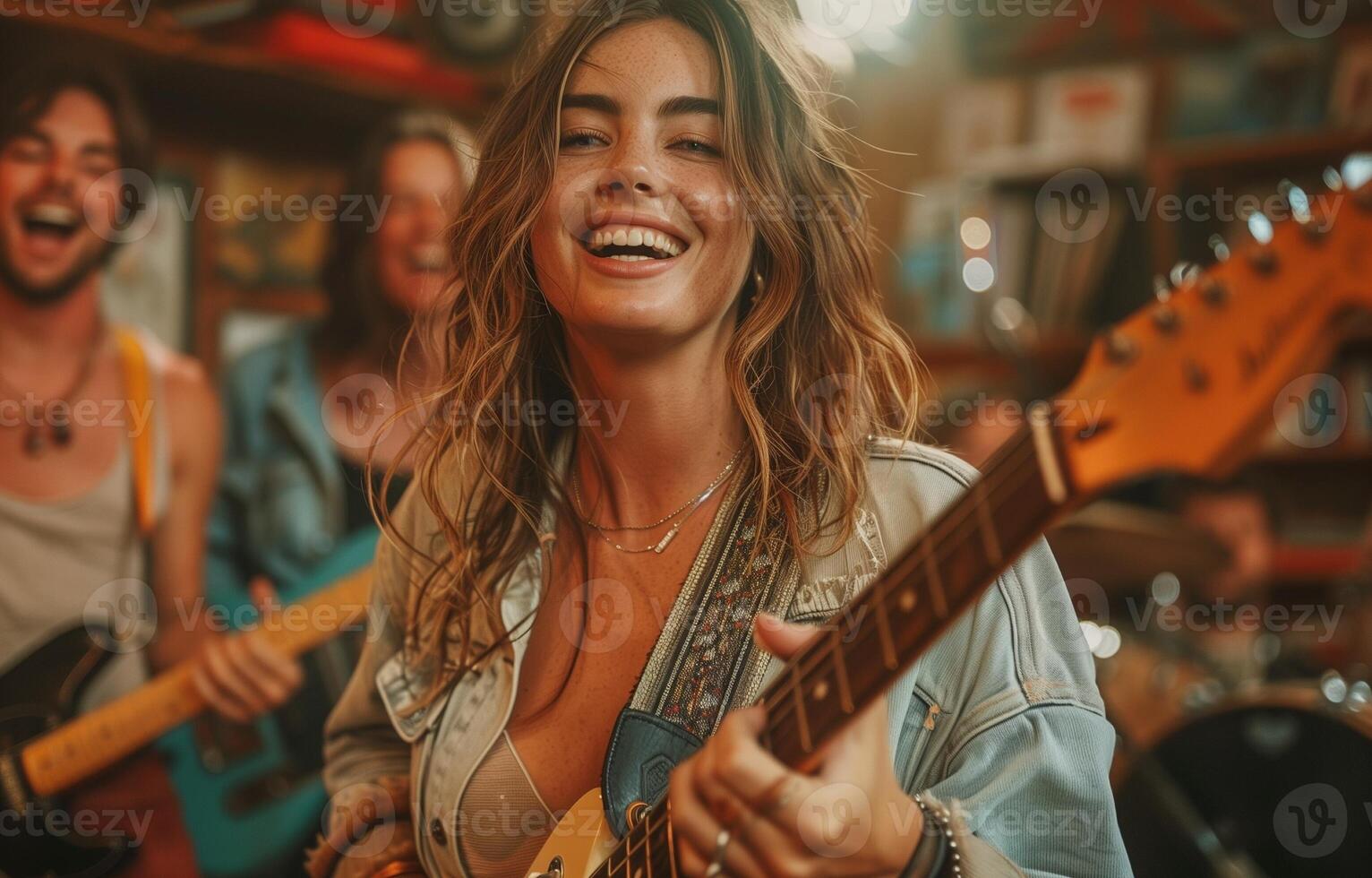 Female rock band performing and singing in a home studio, laughing and enjoying their music together photo