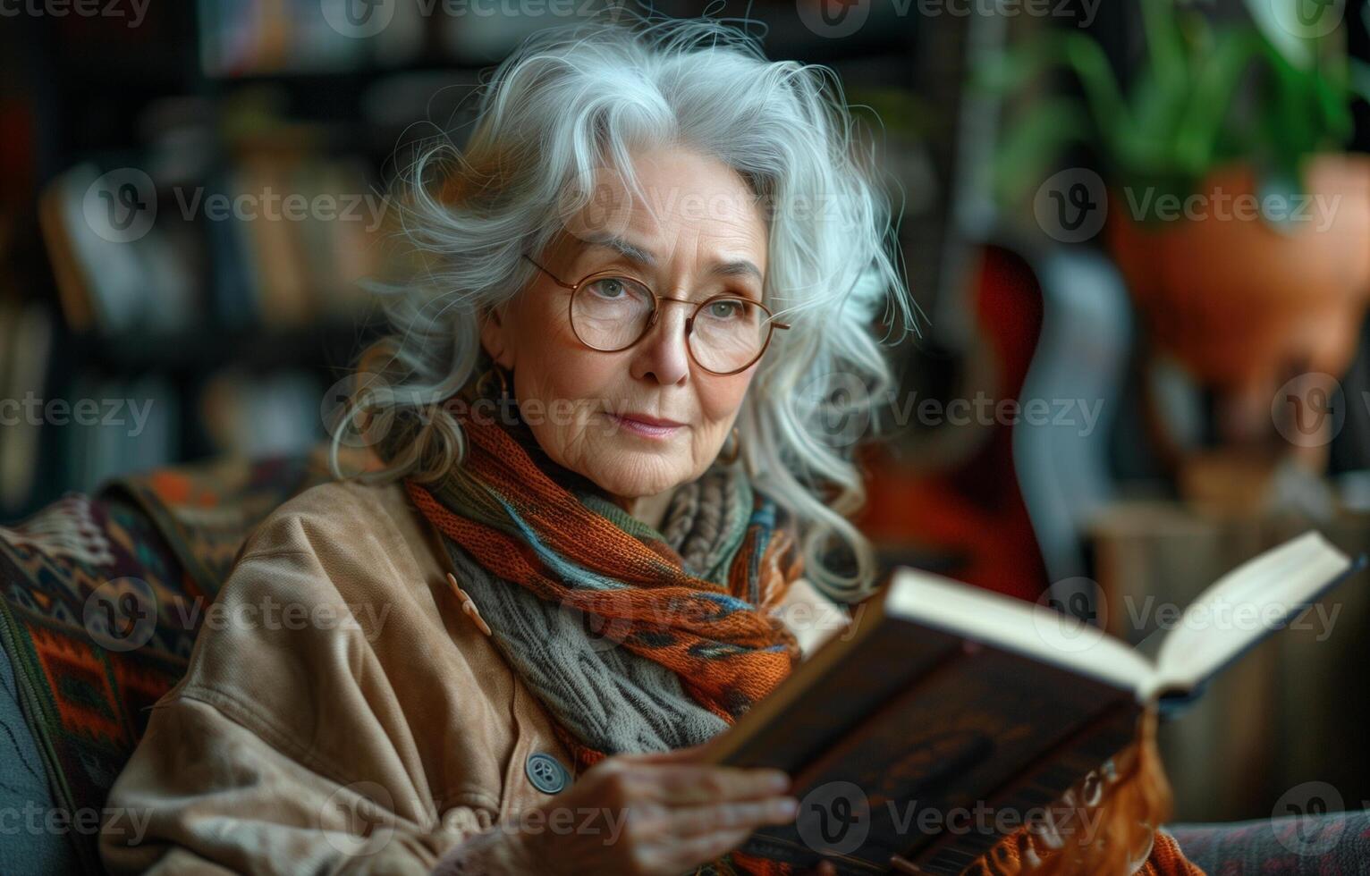 Elegant senior woman with white hair reads a book, drinks coffee, relaxes in an armchair, plant nearby, guitar photo