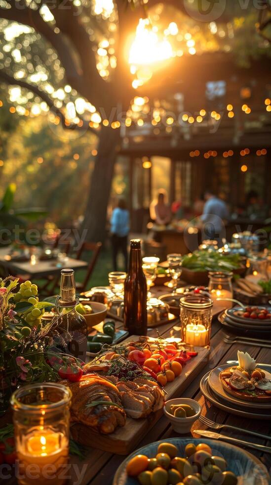 Wide shot of a table with food and drinks in front of a house. Family gathers for summer party photo