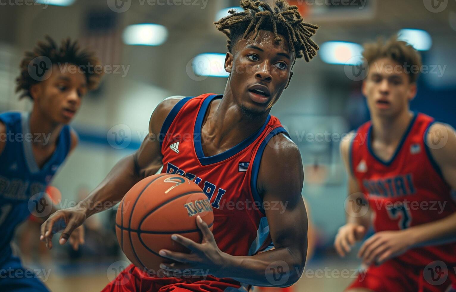 Three young men play basketball in a gym. One dribbles past three defenders, all in red and blue uniforms photo