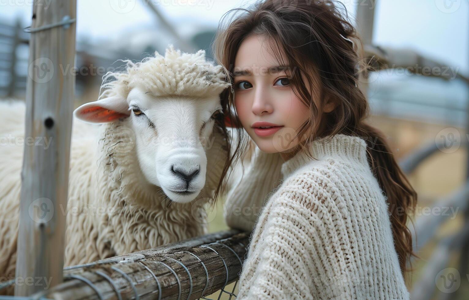 Young woman feeds sheep at farm, wearing beige sweater and jeans, enjoying animal interaction by wooden fence photo