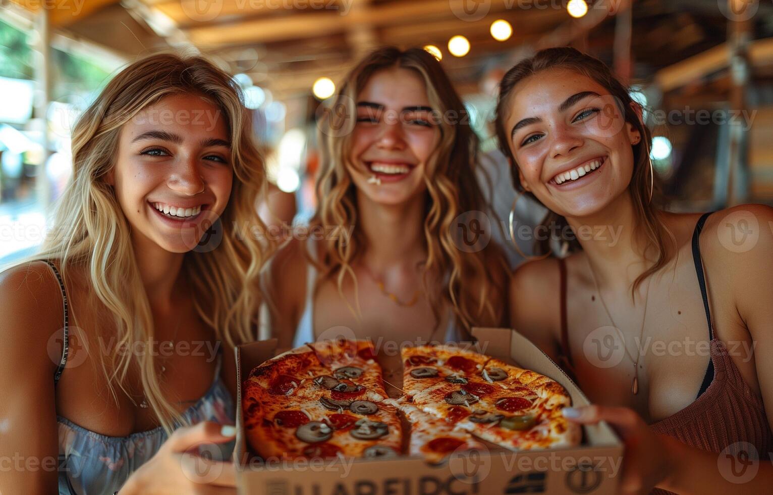 Three pals laughing, enjoying slices of pizza outdoors. Friends bonding, relishing pizza on the sidewalk photo