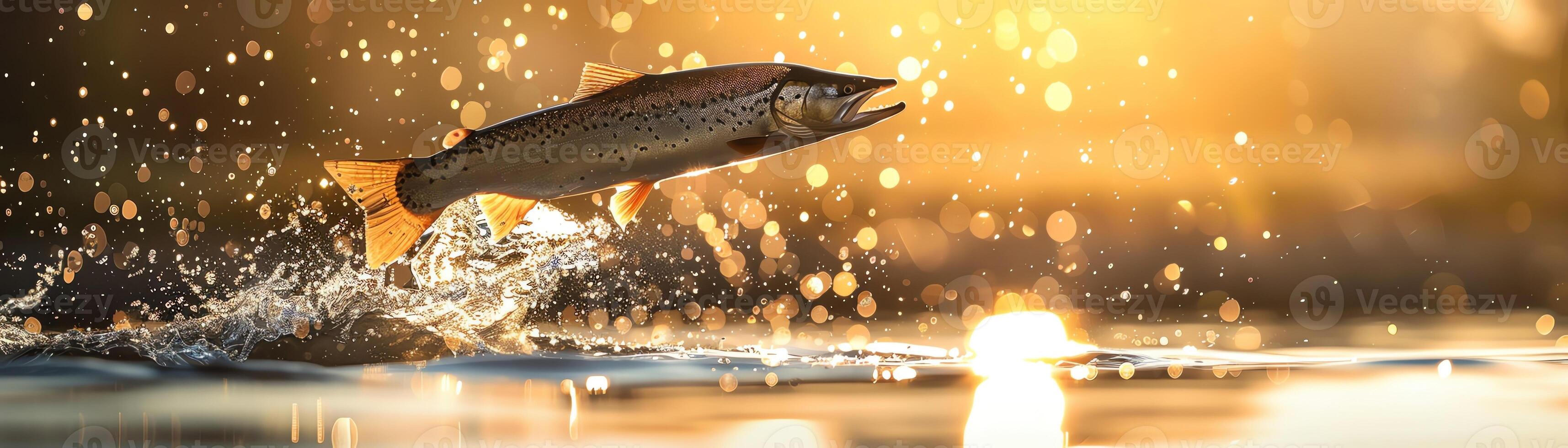 Large pike jumping out of water, sunrise backlight, water droplets in sharp focus, wide lens photo