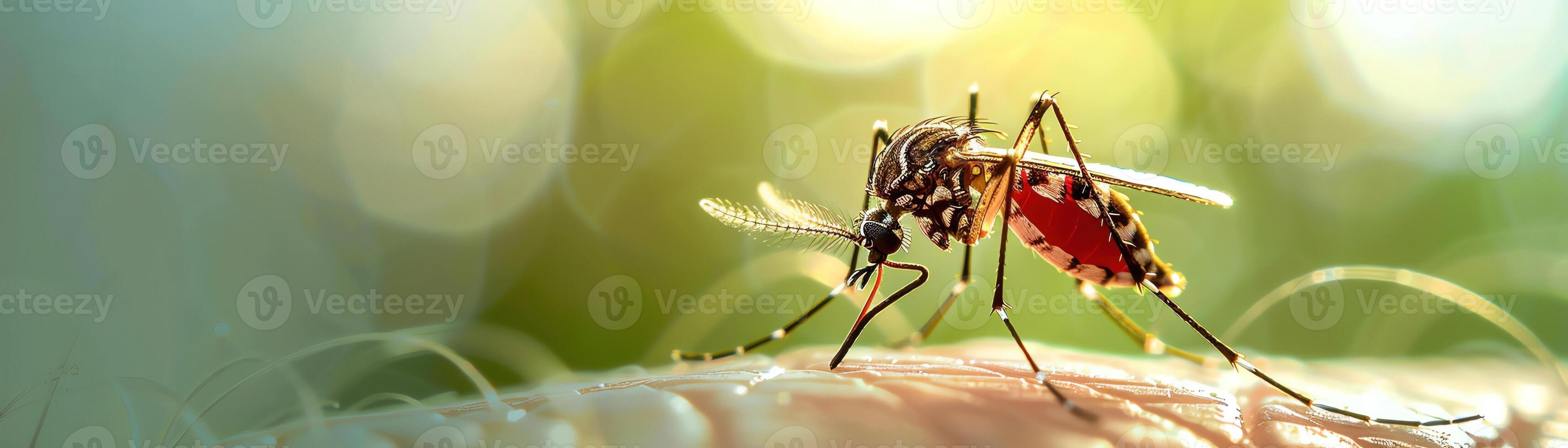 Closeup of a mosquito on human skin, macro lens, detailed texture, soft green bokeh background photo