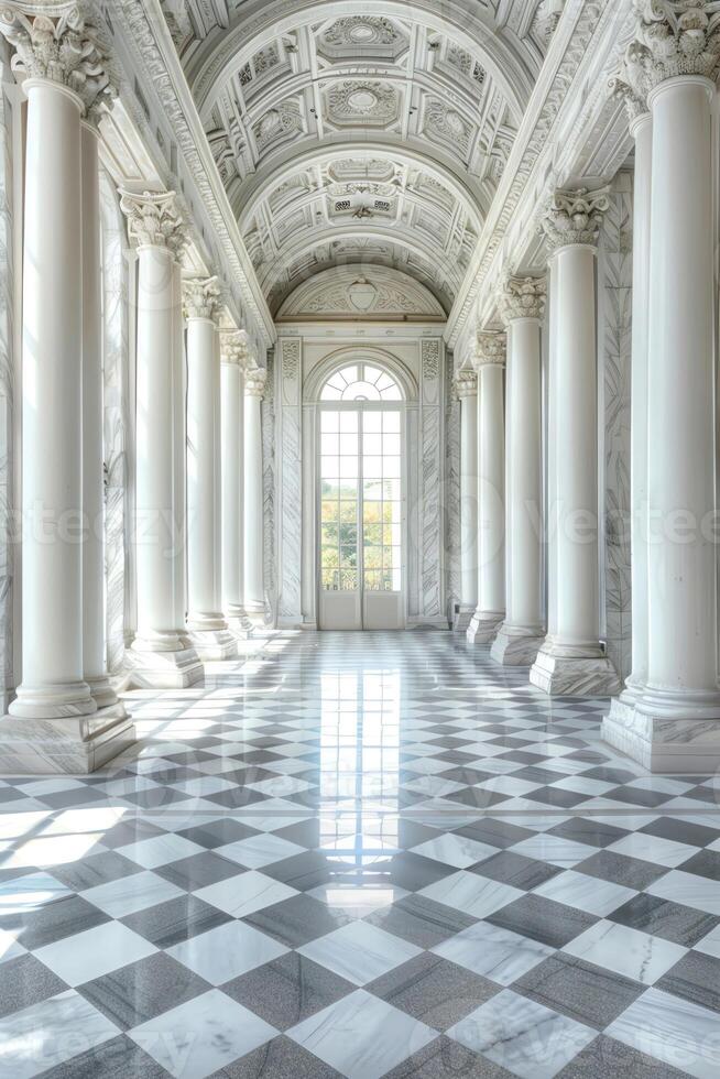Grand classical architecture, white marble hall with tall columns and checkered floors, soft natural light photo