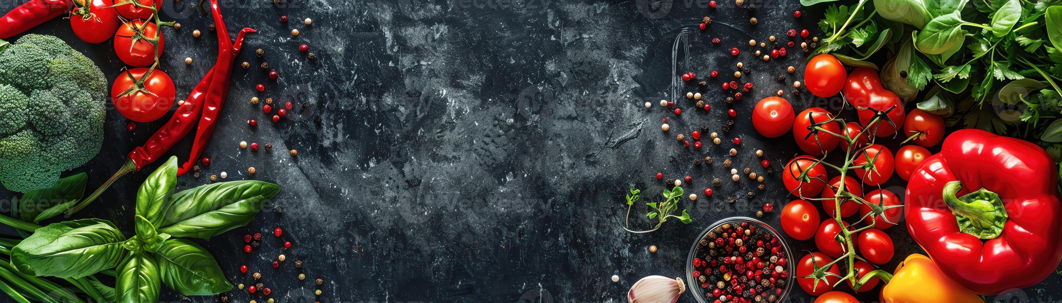 Overhead shot of various fresh ingredients on a dark stone surface, vibrant colors, ready for cooking photo