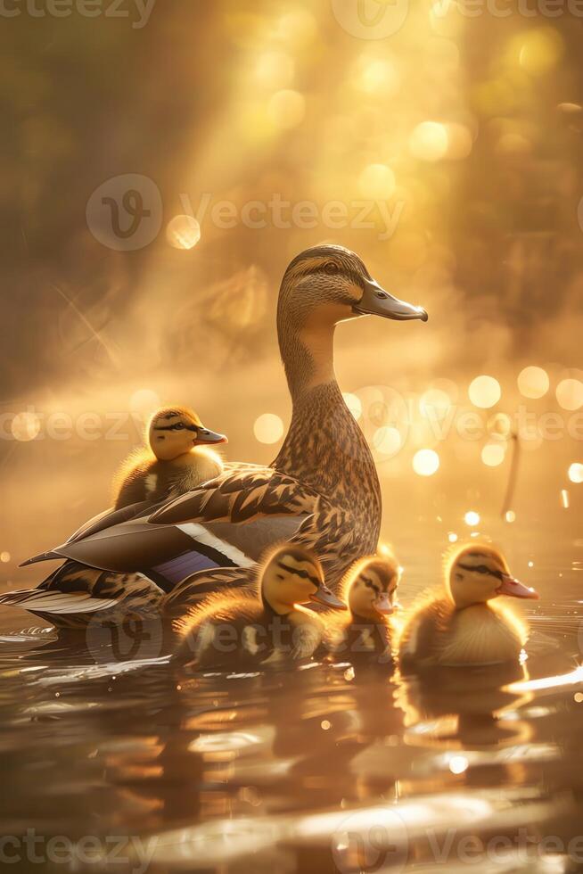 Mother duck with ducklings in a misty pond, golden sunlight, soft focus, serene atmosphere photo