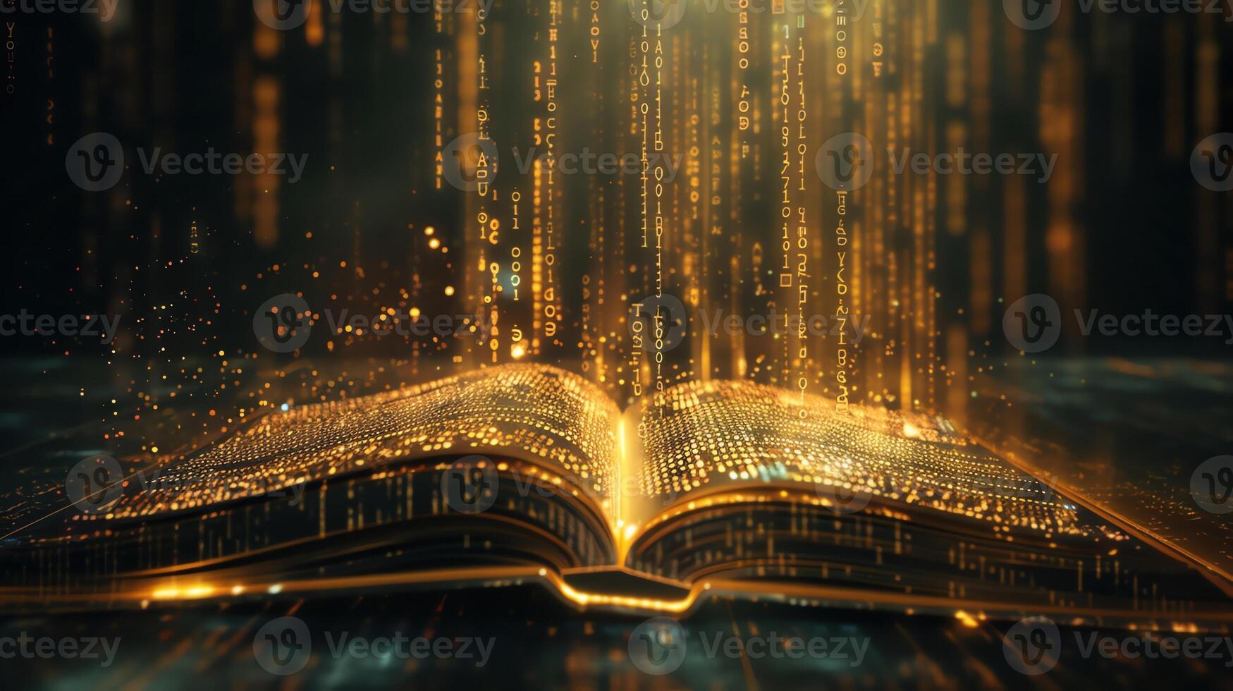 Open book emitting glowing digital code streams, dark background, futuristic concept photo