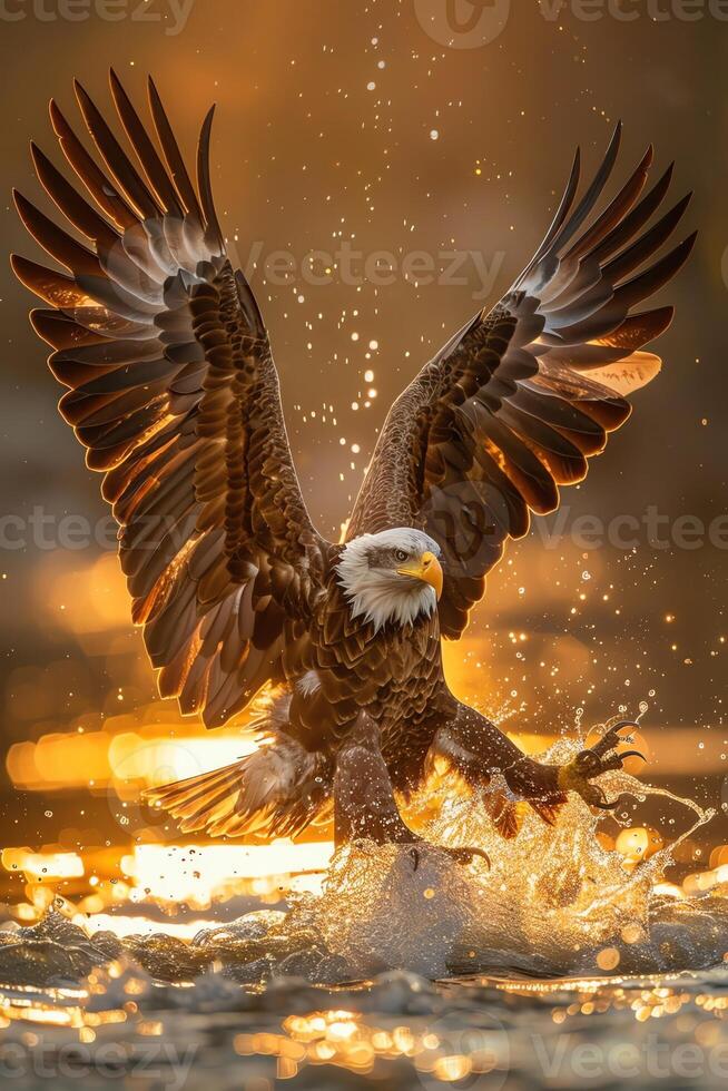 Eagle landing in river, dynamic action, detailed feathers, golden sunlight, intense and powerful wildlife shot photo