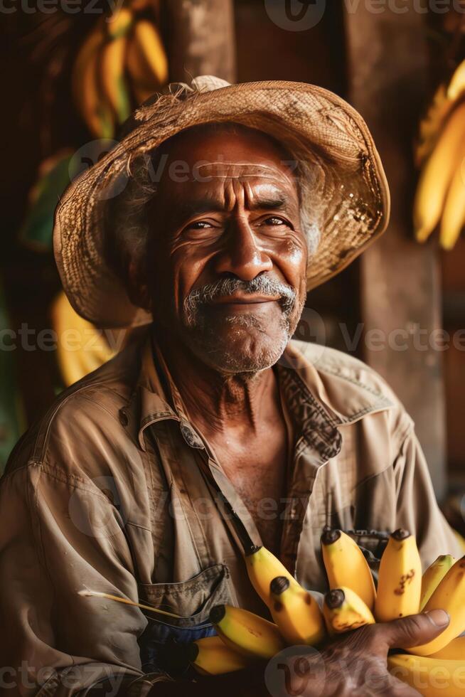 Joyful farmer with bananas, warm golden lighting, happy expression, closeup in a rustic setting photo