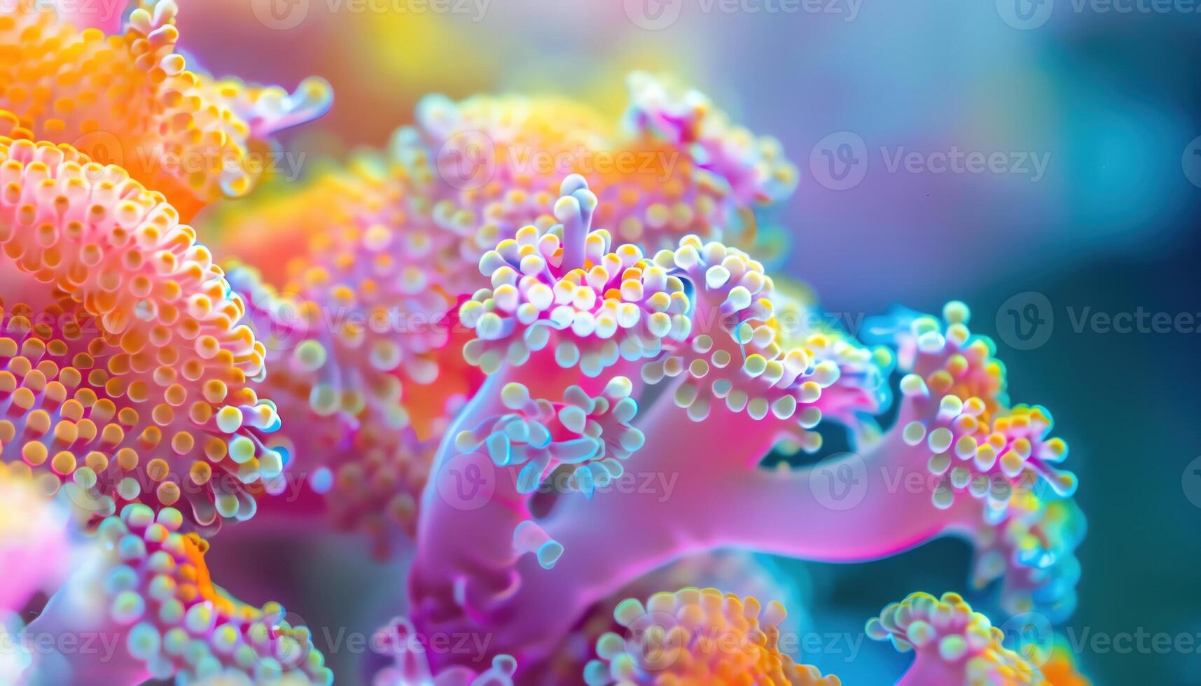 Microscopic view of colorful corallike structures, vibrant and detailed, soft focus background, bright lighting photo