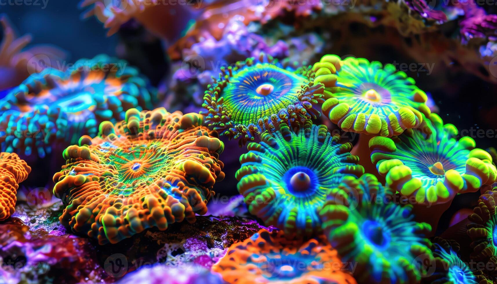 Vibrant corals in rich hues, spotlight effect, undersea rock base, macro shot, detailed texture visible photo