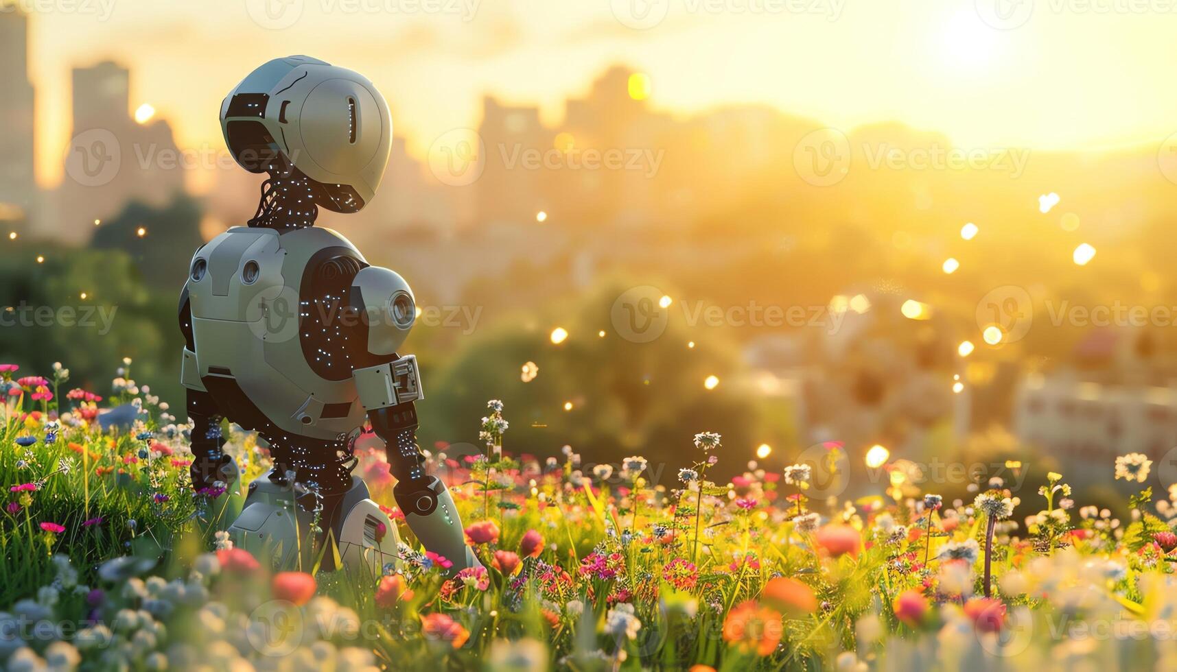 Futuristic robot in wildflower field, overlooking cityscape, soft focus, early morning light, serene atmosphere photo