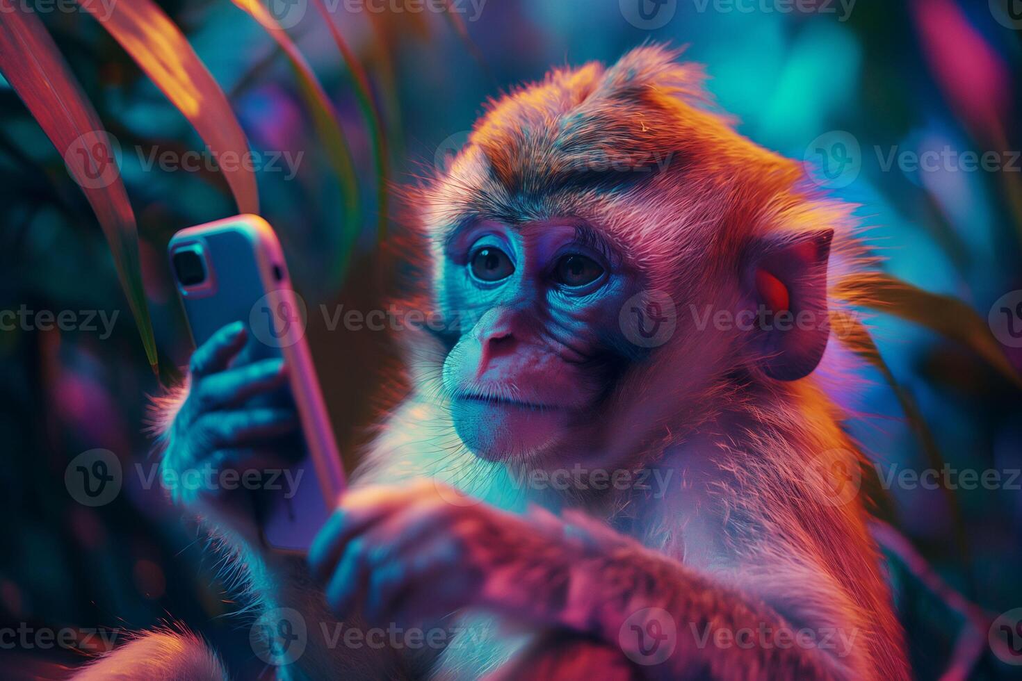 Meme. Monkey uses smartphone on jungle background, presenting a humorous juxtaposition of wildlife and modern technology. For discussions about technology's reach or humorous content in digital media. photo