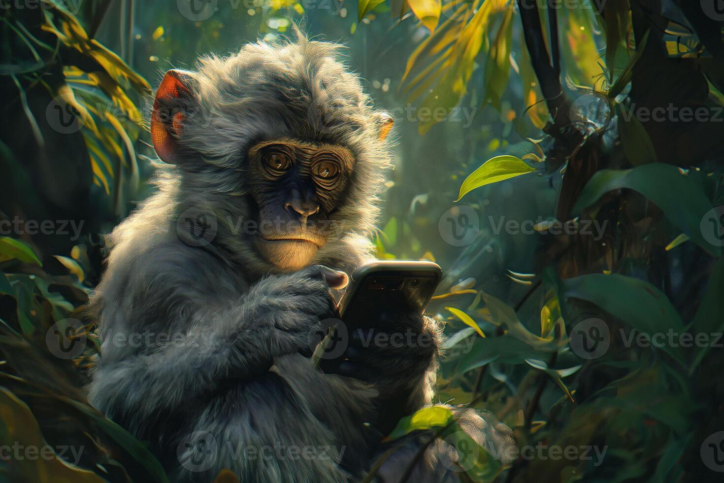 Meme. Monkey uses smartphone amidst lush foliage in sunny jungles, presenting a humorous juxtaposition of wildlife and modern technology. For discussions about technology's reach or humorous content photo