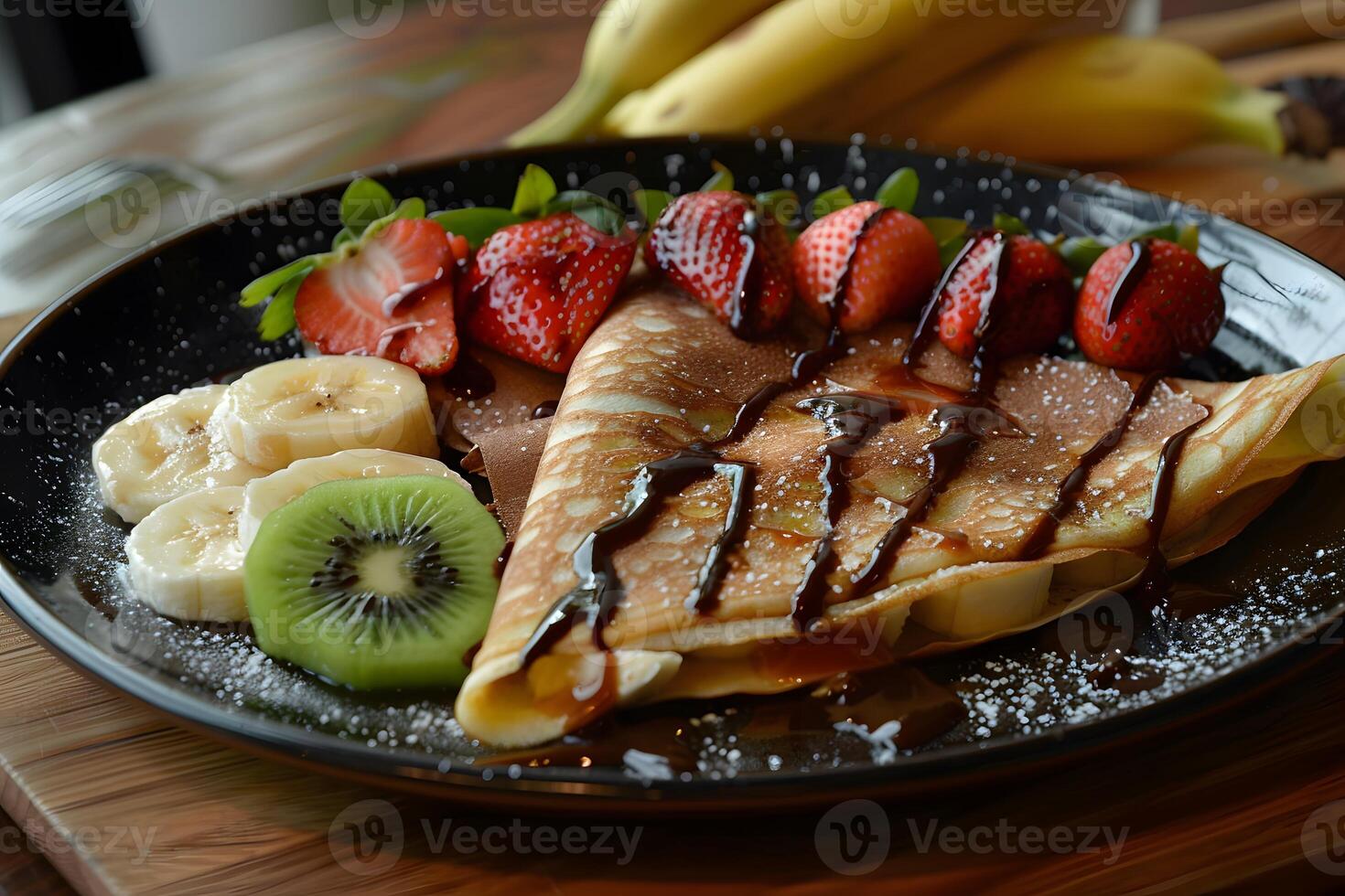 Plate of food with fruit and syrup photo