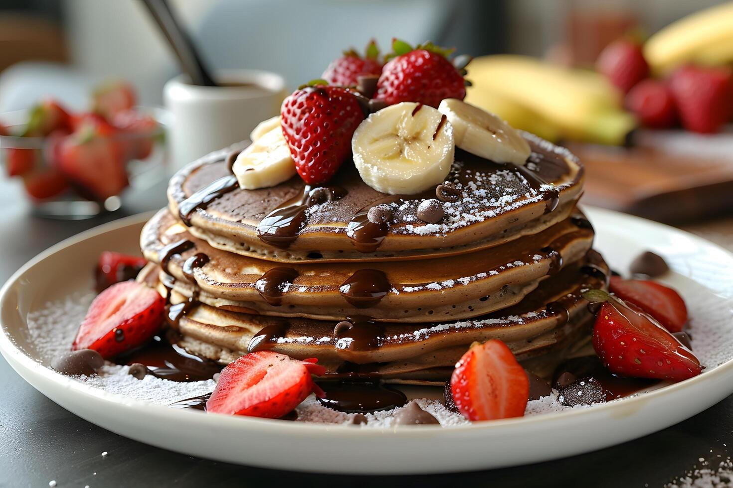 Stacked pancakes drizzled with chocolate, paired with fresh strawberries and bananas photo