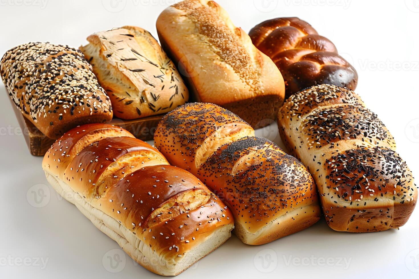 Assortment of breads and rolls on a white surface photo