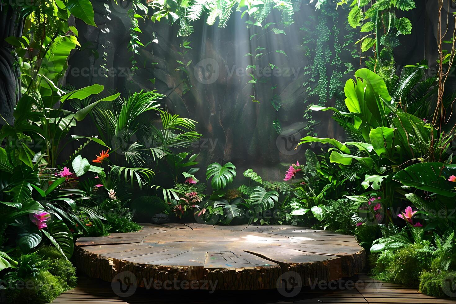 A wooden platform surrounded by lush greenery photo
