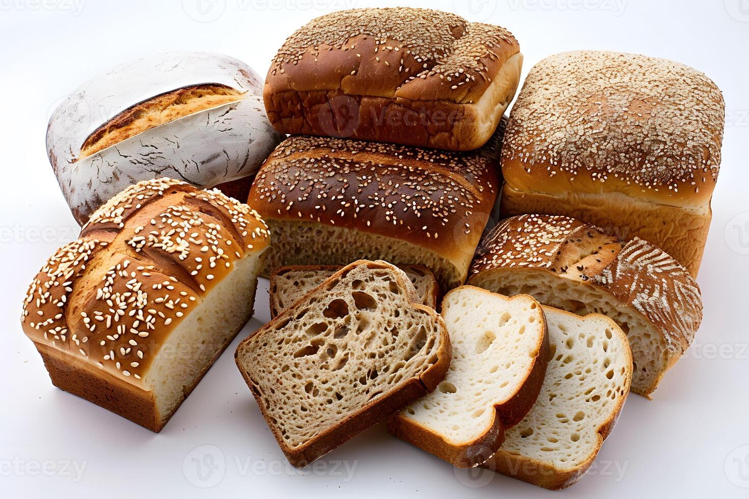 Assortment of breads and rolls on a white surface photo