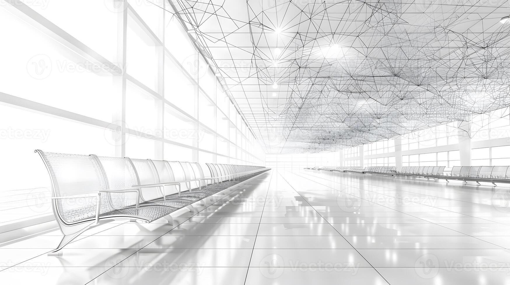 Empty airport terminal with rows of seating photo