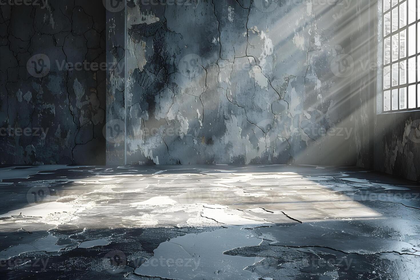 A room with a window and a wall with light shining through photo