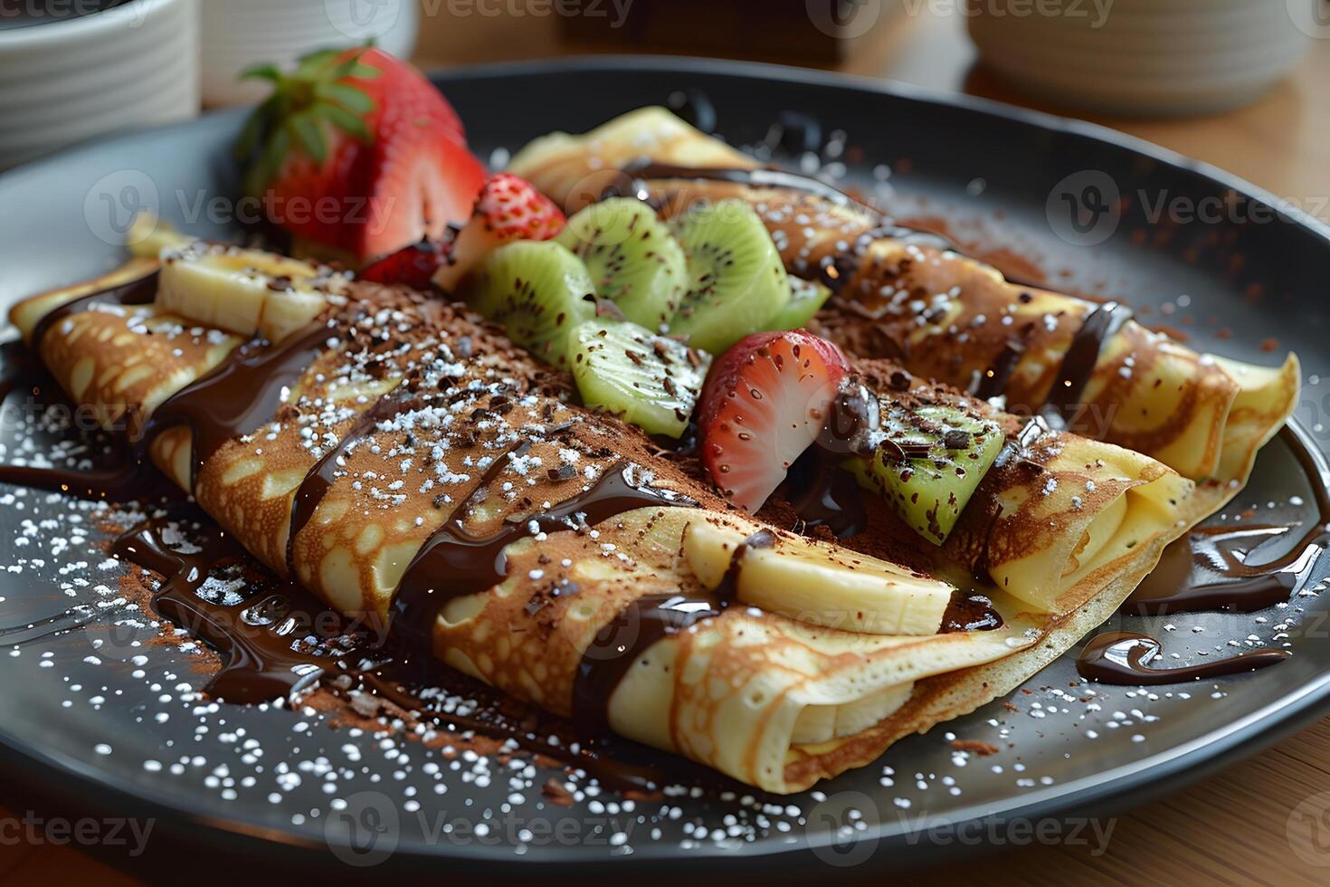 A plate of food with fruit and chocolate sauce photo