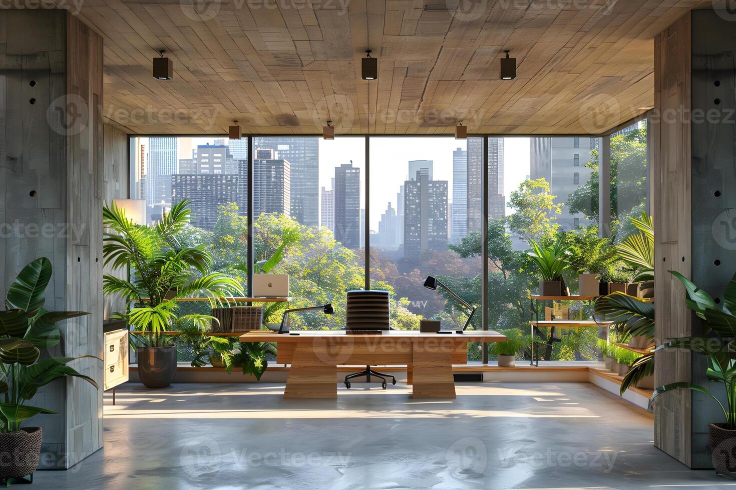 An open office space with a desk and numerous plants photo