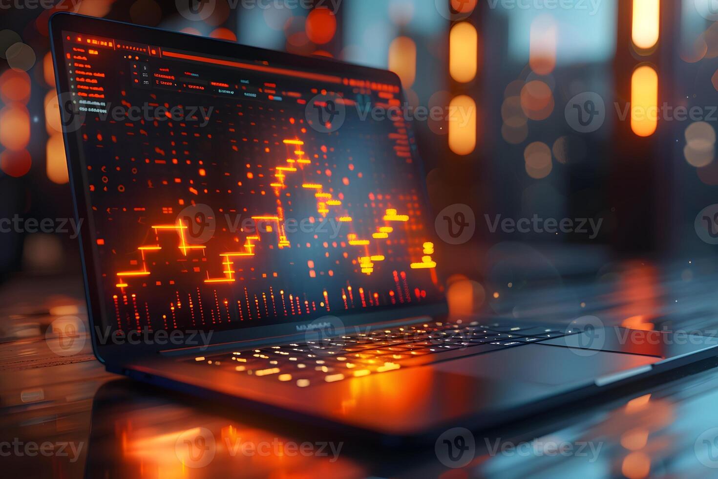 A close up of a laptop computer with a glowing screen photo