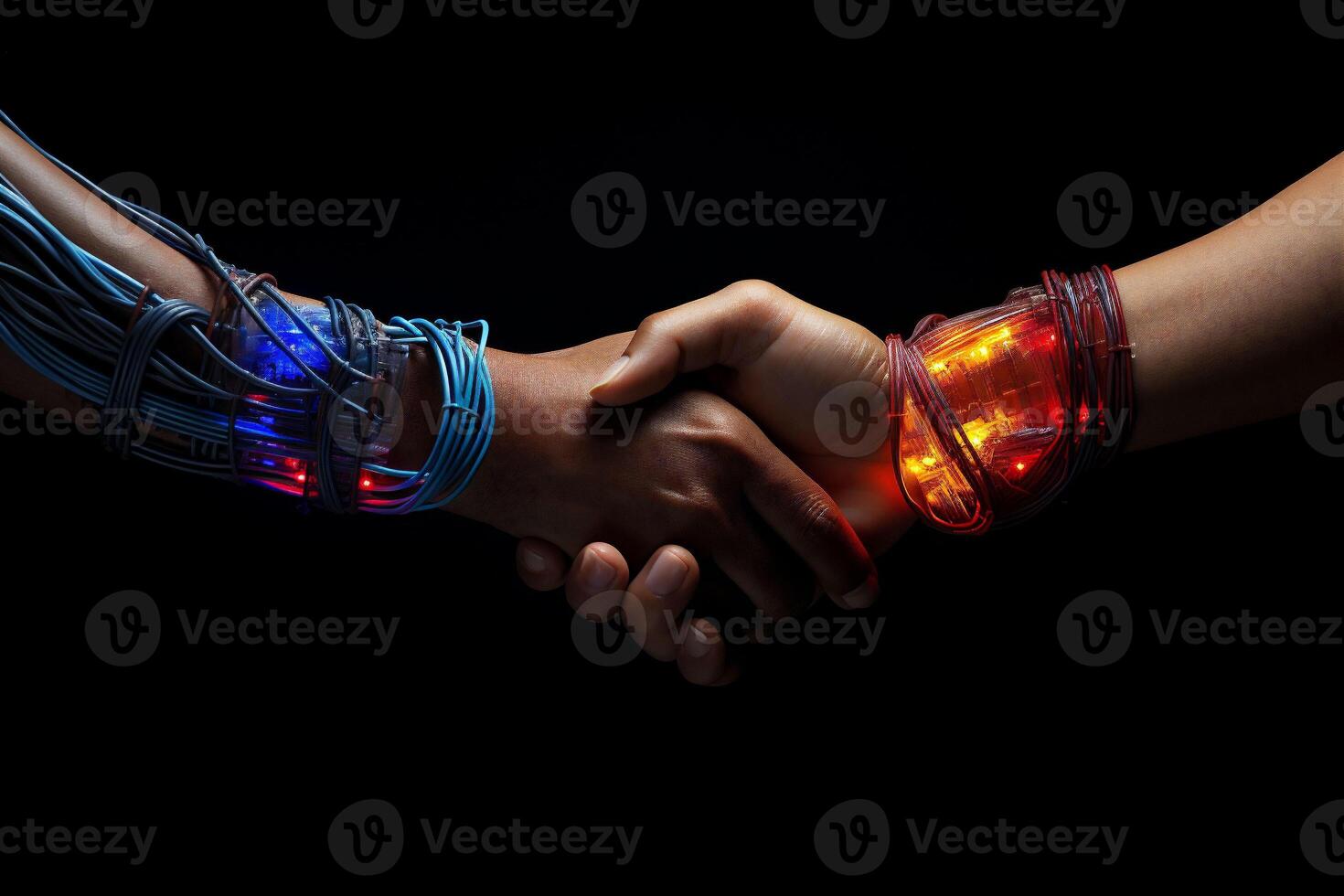 Digital Era, Handshake Blending Human and Glowing Network Cables, Concept of Modern Connectivity photo
