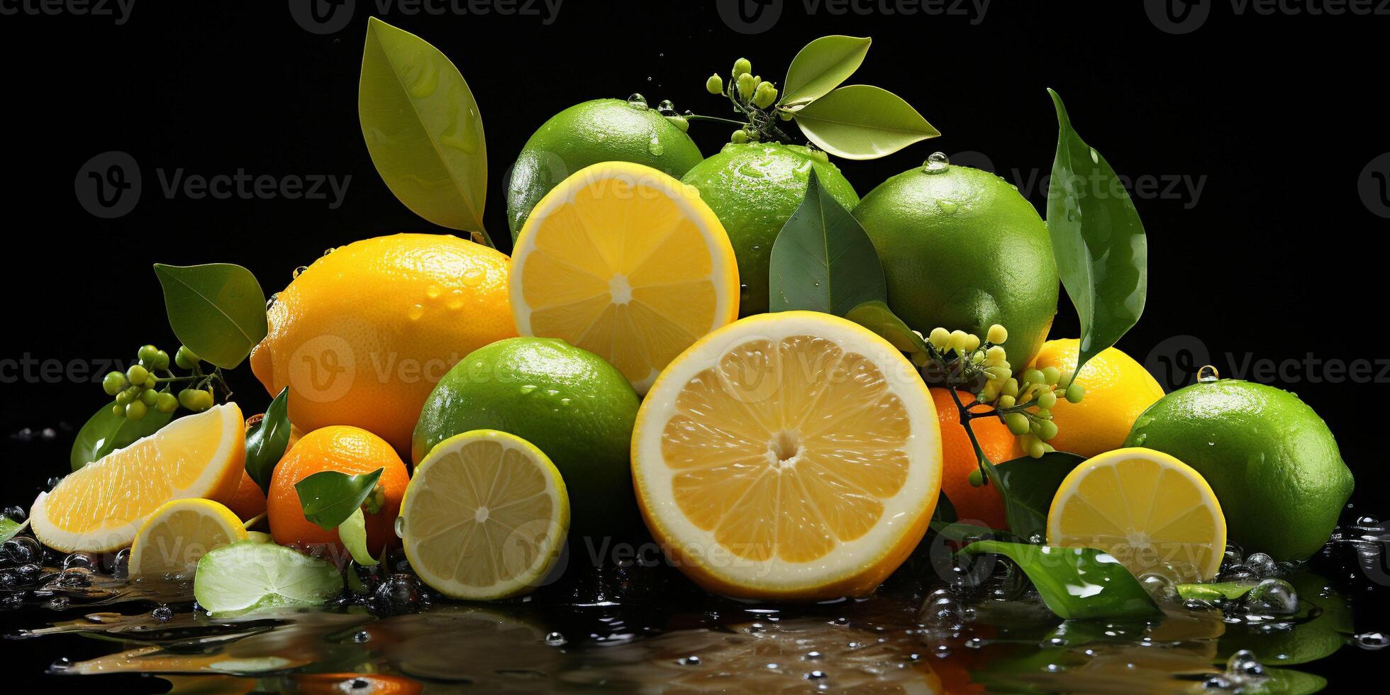 Citrus assortment. Bruit background of citrus fruits oranges, limes and lemons on black background. Copy space photo