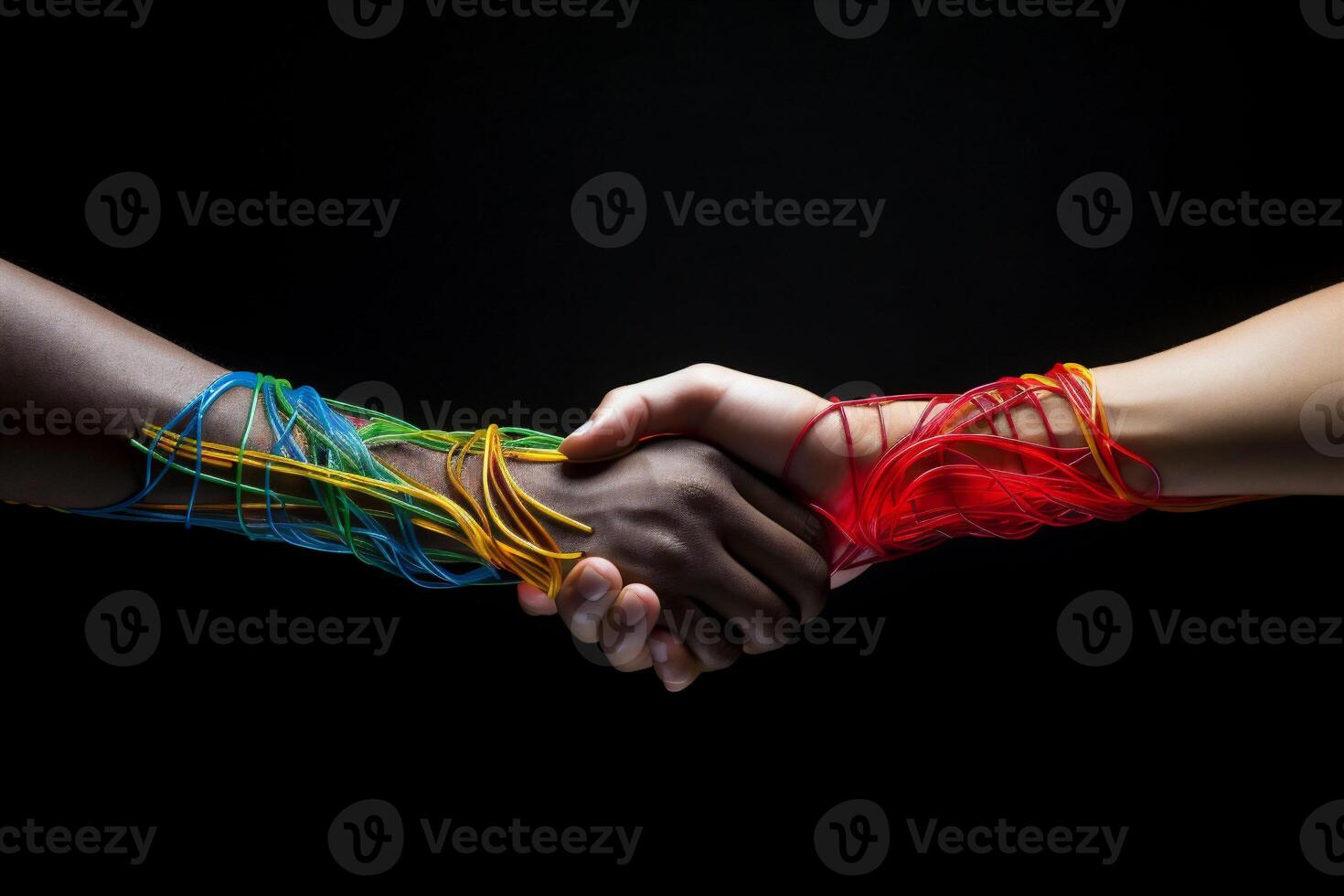 Interlaced Connections in the Digital World, Human Hand Interwoven with Multicolored Cables, Depicting Network and Unity photo