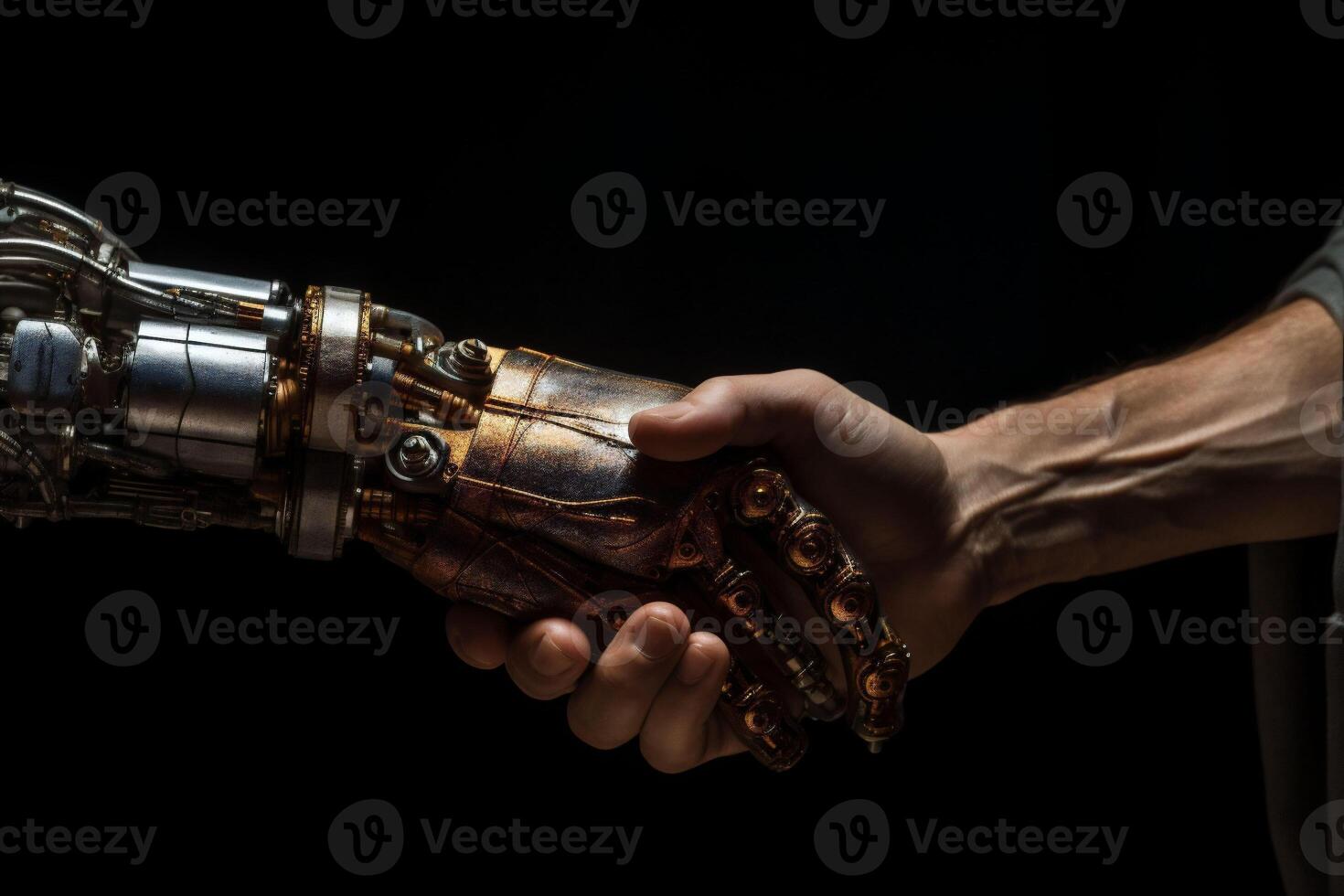Human Extending Hand to Sophisticated Robotic Arm in a Symbolic Handshake, a Harmony of Technology and Flesh photo